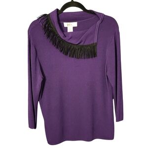 KIK IT MAURICE SASSON Purple Cowl Neck Sweater Suede Fringe Detail Size L
